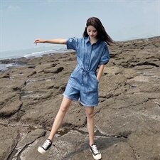 大货已出牛仔连体裤宽松阔腿裤收腰短裤16089601，女装牛仔裤，艾青服饰