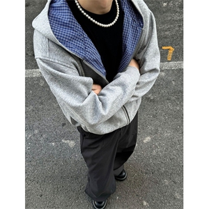 双面穿蓝格纹开衫连帽卫衣男女短宽版型休闲百搭miu系外套 W332图片
