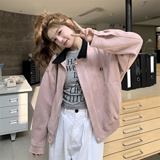 粉色撞色翻领外套女2025秋季新款韩系氛围感超好看小个子甜酷夹克，女装短外套，2C201