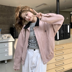 粉色撞色翻领外套女2025秋季新款韩系氛围感超好看小个子甜酷夹克图片