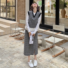 条纹针织马甲套装裙女2025新款时尚甜美减龄半身裙三件套，女装套装/套裙，浪娴服饰