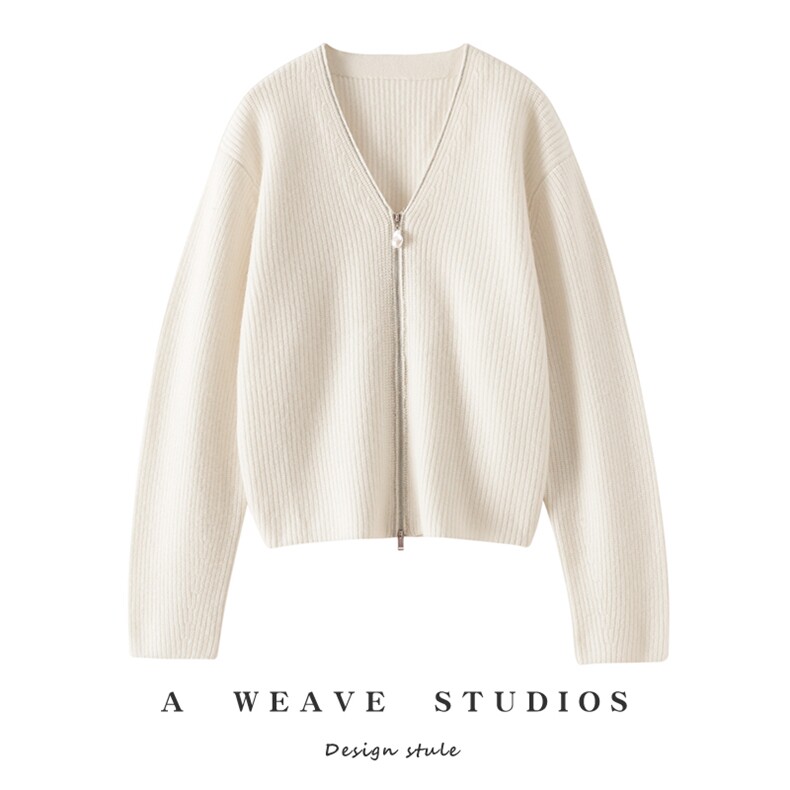 时尚女士35%羊绒V领拉链开衫简约百搭显瘦保暖毛衣外套，女装羊绒衫，戎魅羊绒