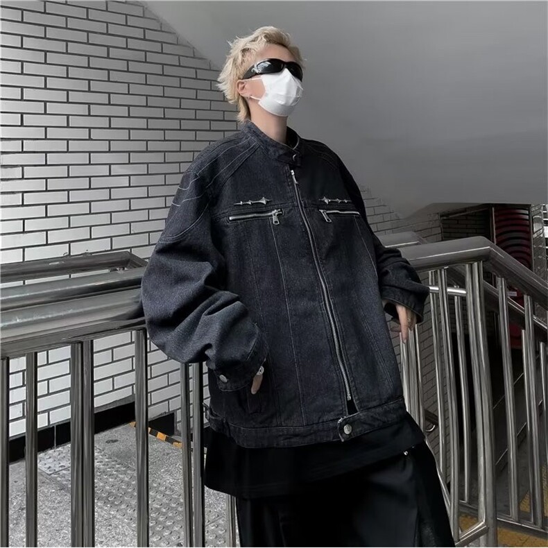 做旧水洗短款牛仔外套金属设计痞帅无领夹克男1001-1-NJ124-P78,男装工装外套,星座1001-1