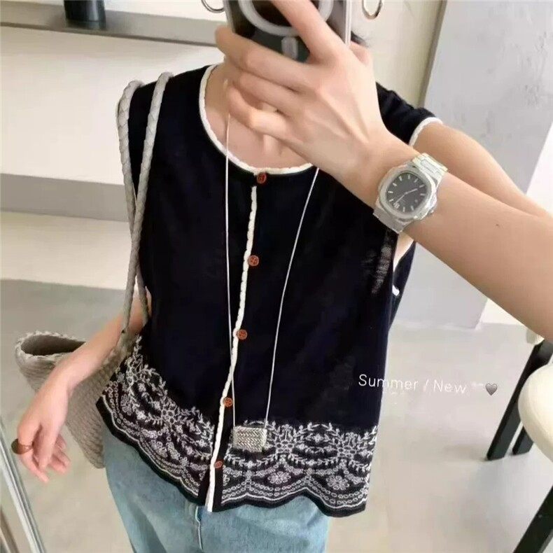 夏季新款简约竹节麻民族风提花坎肩女宽松百搭显瘦时尚休闲上衣，女装针织衫/毛衣，雪真羊绒