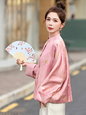 粉色新中式国风刺绣外套女2025春季新款复古盘扣小个子唐装上衣潮，女装短外套，美沁