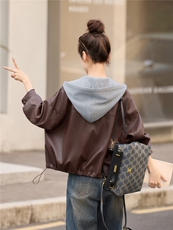 假两件套PU皮连帽短外套女秋季2025新款小个子宽松休闲复古皮夹克，女装皮衣，牡丹诺