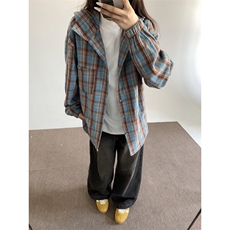 秋宽松衬衣磨毛美式连帽复古格子衬衫外套女春秋长袖上衣C349，男装衬衫，星座1116A（原606A-3）