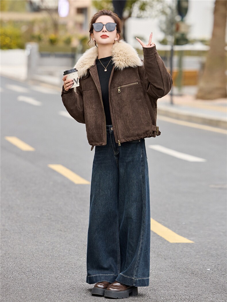 真狐狸毛翻领时尚麂皮绒夹克白鸭绒内胆羽绒服,女装羽绒服,采品优优
