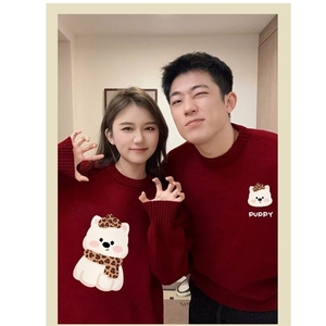 网络图特别的情侣装毛衣高级新款冬季女慵懒风针织衫酒红色外套女