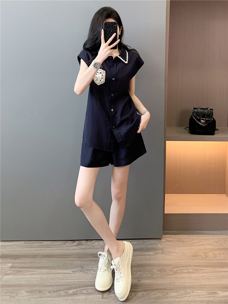 欧货高级感时尚休闲套装女夏款设计感纯色翻领刺绣上衣短裤两件套,女装套装/套裙,江南