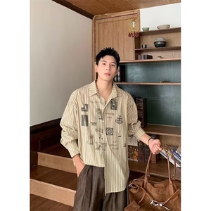 原宿秋季2025美式复古潮牌条纹衬衫男装宽松休闲设计感长袖衬衣图片