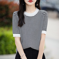 2025春夏新款格纹针织衫女圆领短袖T恤休闲薄上衣，女装T恤，思牵羊绒