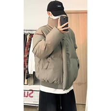 现货5W件冬季三防重磅硬挺boxy短款羽绒立领PU皮棉衣外套加厚棉服，男装棉衣，电商A486-1