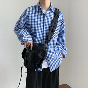 格子衬衫男长袖港风日系休闲上衣潮牌ins衬衣外套C176 310B-1P30图片