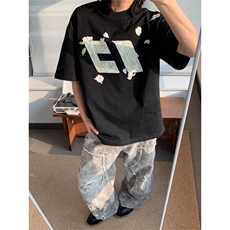 网图有货花伴竹纯棉刺绣短袖T恤男女情侣宽松花卉上衣A469-P35，男装T恤，星座1505