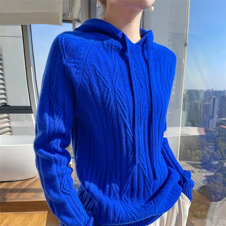 时尚百搭连帽抽绳羊毛衫女宽松显瘦长袖毛衣,女装羊毛衫,宇灿羊绒