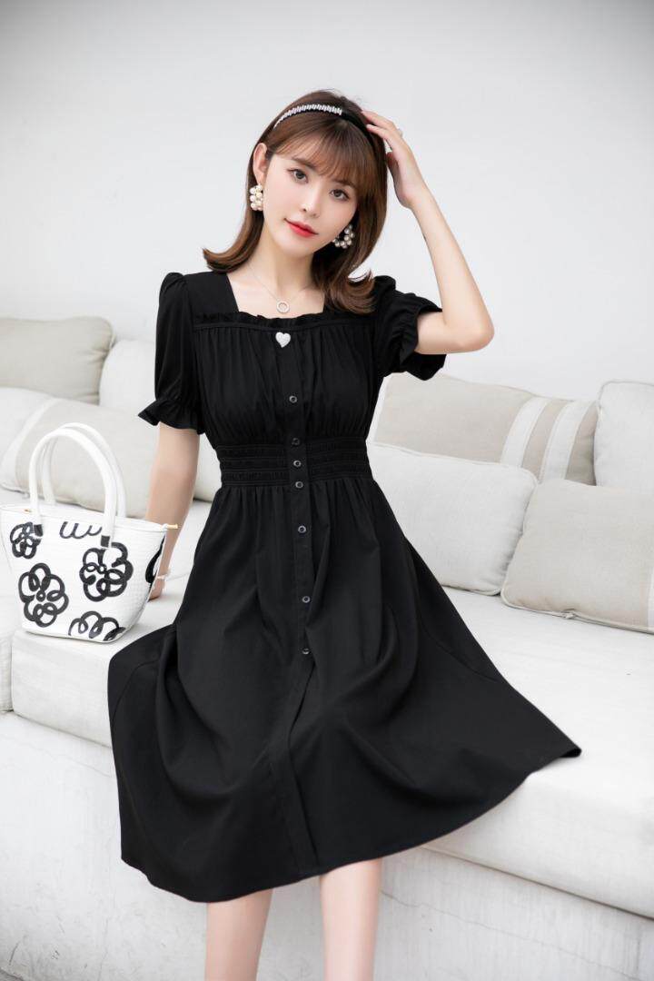 夏季新款韩版黑色淑女爱心连衣裙，女装连衣裙，水锦红
