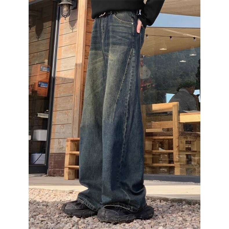 N1053复古潮流新款做旧立体裁剪拼接ootd牛仔裤阔腿裤宽松,男装牛仔裤,星座308A-1（原309B-1）