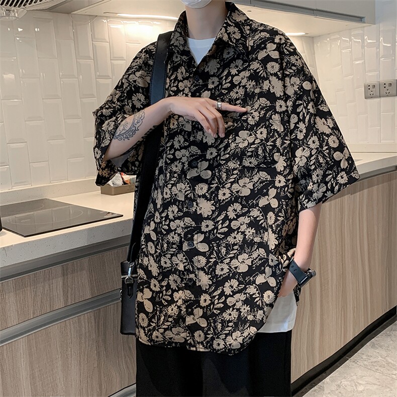 新款衬衫标准潮潮流原宿慵懒夏季五分袖简约日常青春流行气质,男装衬衫,星座716-2