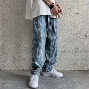 港风秋冬新款撞色牛仔裤潮青少年宽松百搭直筒男女裤子G280-p55，男装牛仔裤，星座1008-2