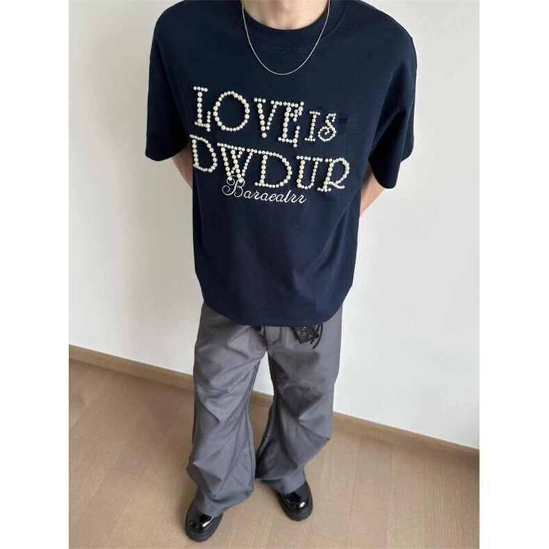 美式复古立体珍珠短袖T恤男宽松百搭情侣纯棉夏季上衣LW2211-P49,男装T恤,星座1008
