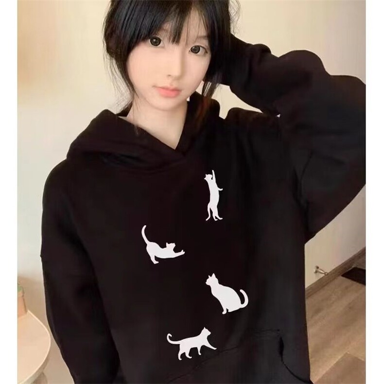C0239-P55猫咪印花连帽卫衣女黑色简约宽松学生上衣外套男女款,女装卫衣/绒衫,星座617A-2