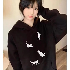 C0239-P55猫咪印花连帽卫衣女黑色简约宽松学生上衣外套男女款，女装卫衣/绒衫，星座617A-2