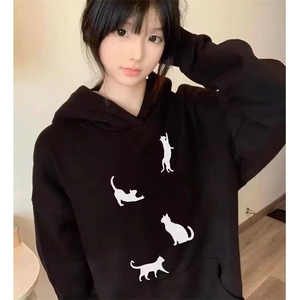 C0239-P55 猫咪印花连帽卫衣女 黑色简约宽松学生上衣外套男女款图片