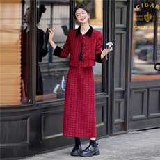 小香风红色粗花呢套装女秋冬气质高级感外套半身裙两件套，女装套装/套裙，意芙