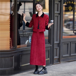 小香风红色粗花呢套装女秋冬气质高级感外套半身裙两件套图片