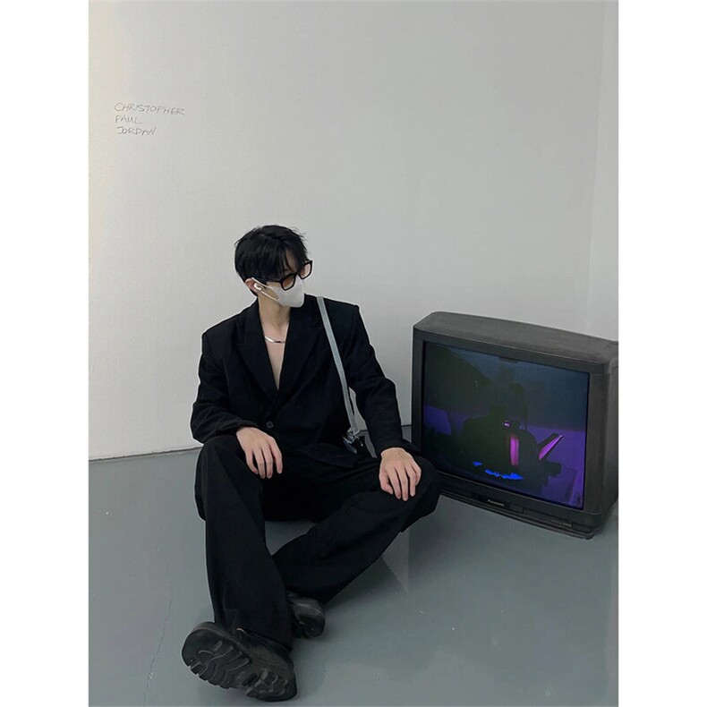 现货~戗驳领西装外套垫肩休闲宽松挺阔黑色男女西服夹克X892-P105,男装夹克,星座1004-3