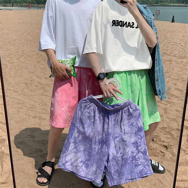 情侣沙滩裤扎染水墨纹印花原宿INS直筒短裤男宽松五分裤,男装休闲裤,电商A102B