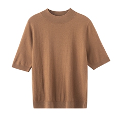 夏季新款简约百搭女士舒适纯色精纺33%羊毛圆领短袖，女装T恤，吉高羊绒