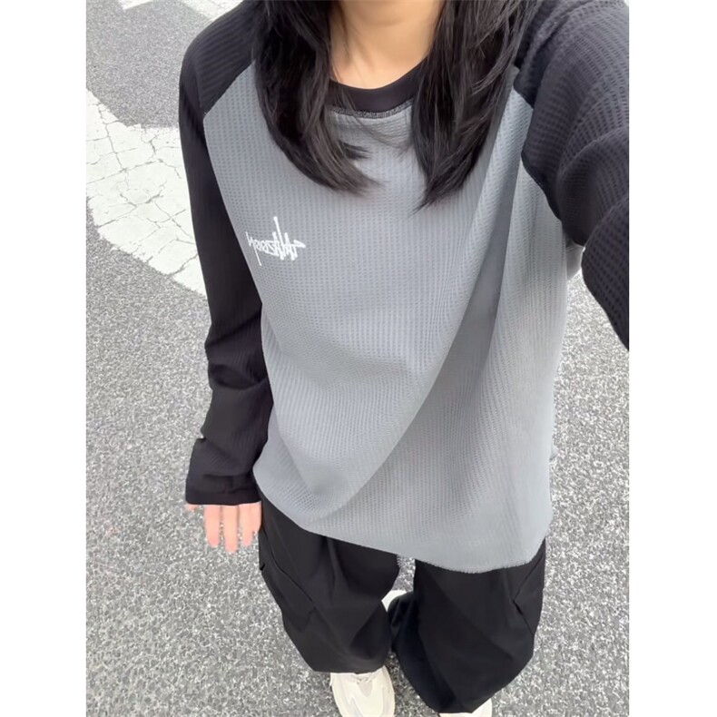 DD328P48日潮美式校园撞色插肩拼色男女圆领华夫格打底长袖T恤,男装T恤,电商B323A