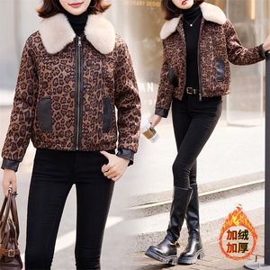 高端欧货2024新款麂皮拼接皮毛一体加绒加厚机车服豹纹外套女冬图片