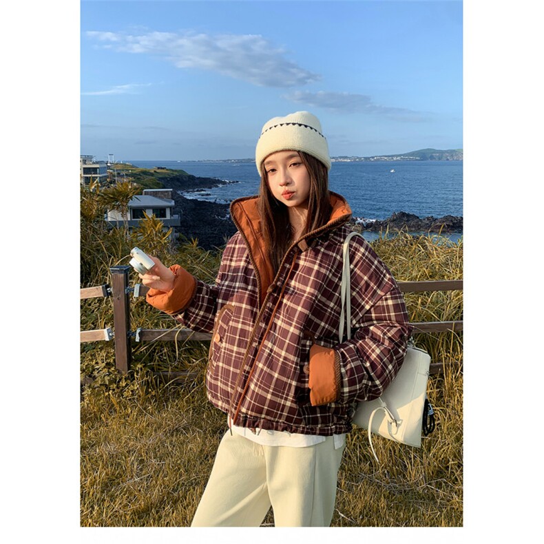 S822-P98新款格子设计感两面穿宽松加厚棉服短款棉衣外套图片