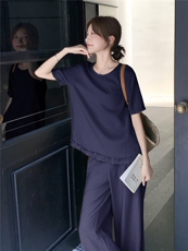 木耳边拼接短袖T恤套装女夏新款时尚慵懒风高腰阔腿裤穿搭两件套，女装套装/套裙，浙宝210（原浙宝191）