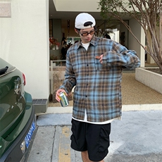 春秋季美式复古格子长袖衬衫新款潮流时尚百搭休闲上衣，男装衬衫，星座410-7