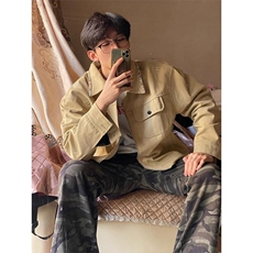 卡其色水洗帆布外套男春秋美式翻领棒球服底特律工装夹克，男装夹克，四季星座505
