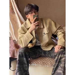 卡其色水洗帆布外套男春秋美式翻领棒球服底特律工装夹克图片