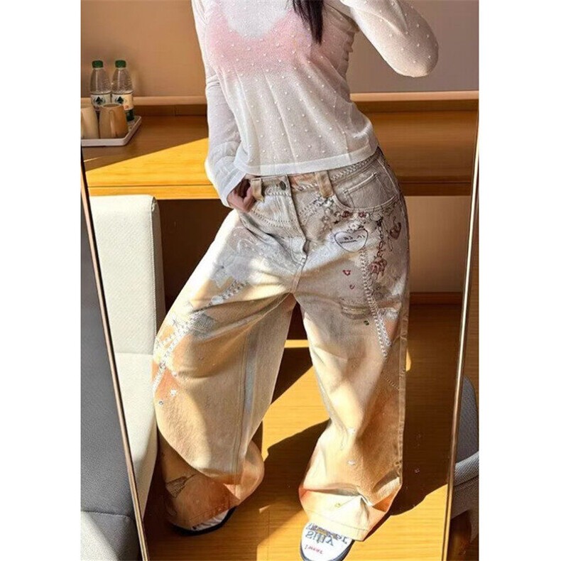 彩色喷绘重工图案印花牛仔裤女宽松直筒阔腿拖地长裤子NB3090,男装牛仔裤,星座1116A（原606A-3）