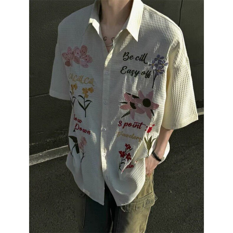 2025美式重磅彩色花卉刺绣短袖衬衫男女夏季街头痞帅宽松休闲衬衣,男装衬衫,星座506A
