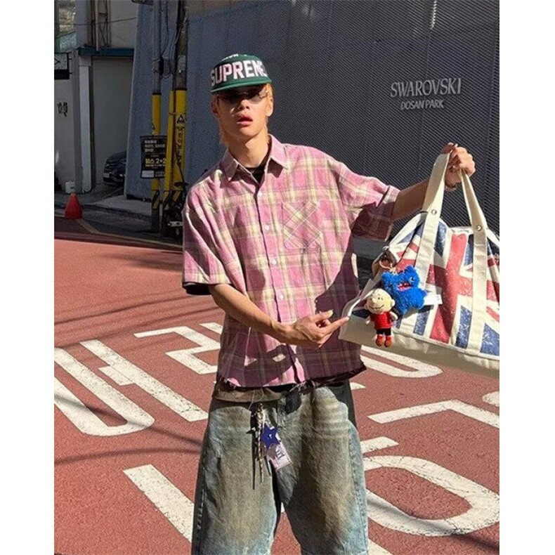 夏复古简约撞色格纹短袖衬衫男女宽松休闲防晒衬衣外套C7009,男装防晒衣,星座1116A（原606A-3）
