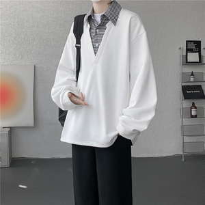 M-8XL假两件格子拼接衬衫领卫衣特大码重磅长袖V领上衣WY5112/P55图片