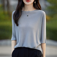 简约一字领轻薄五分袖针织短袖T恤女夏纯色宽松休闲百搭小衫上衣，女装针织衫/毛衣，暖烁羊绒