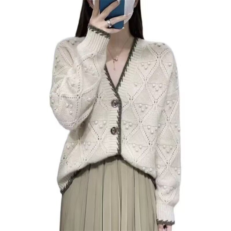 欧货秋冬新款100%纯羊绒开衫女外搭高端时尚宽松提花针织外套上衣,女装羊毛衫,隆格羊绒