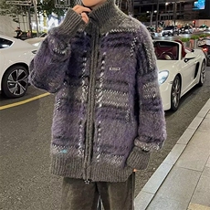 主推秋冬季慵懒风复古拉链开衫毛衣男宽松高级感情侣条纹撞色针织，男装针织衫/毛衣，星座218-1（原230）