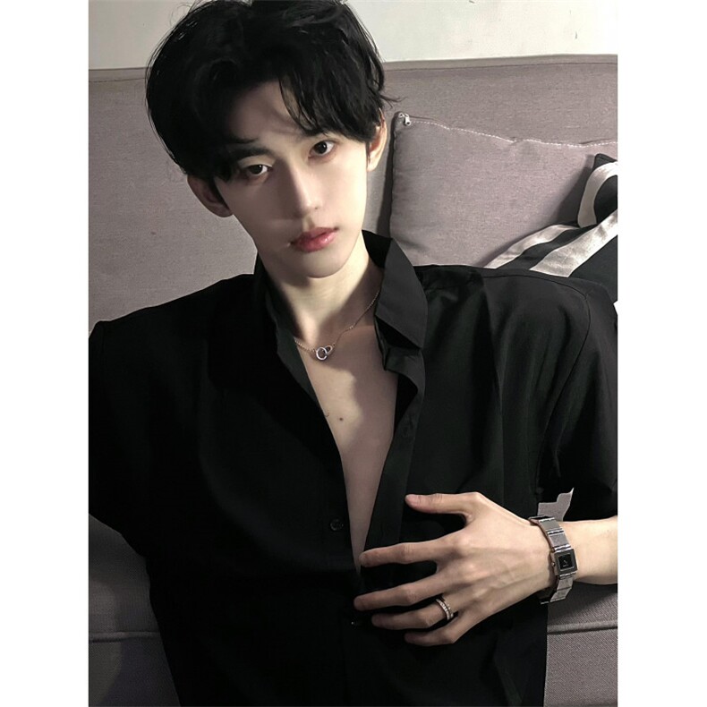 黑色防晒衬衫男款短袖夏季痞帅高级感冰丝衬衣美式高街正肩五分袖,男装衬衫,星座1007（原301D）