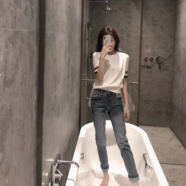 夏季圆领纯棉针织TB短袖女拼色三杠条纹T恤宽松显瘦套头半袖薄,针织衫/毛衣,恩泰羊绒