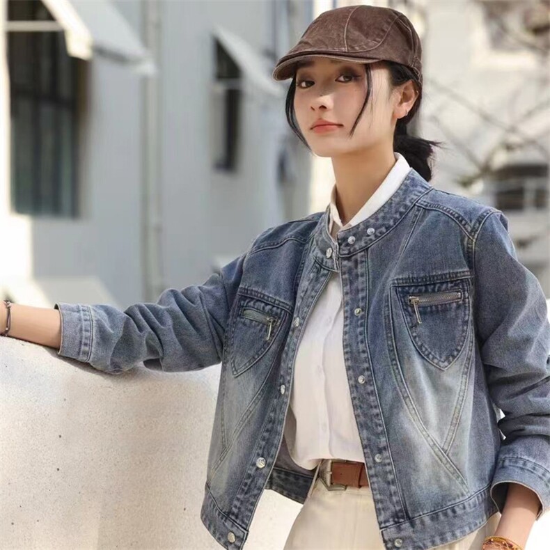现货2025年春季立领牛仔外套短款夹克时尚百搭,女装牛仔外套,莜菲儿